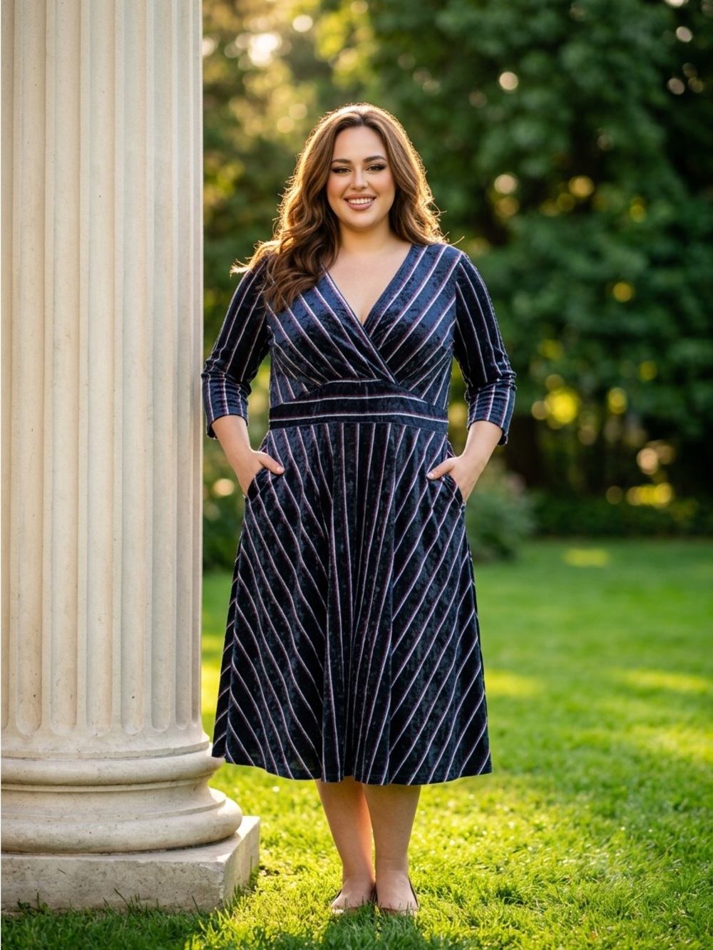 ModCloth Navy Velvet Midi Dress with White Stripes